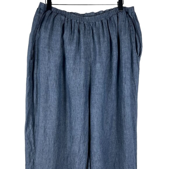 FLAX Englehart 100% Linen Straight Leg Crop Pants in Blue Chambray Size 1G 18 20 - Picture 2 of 11